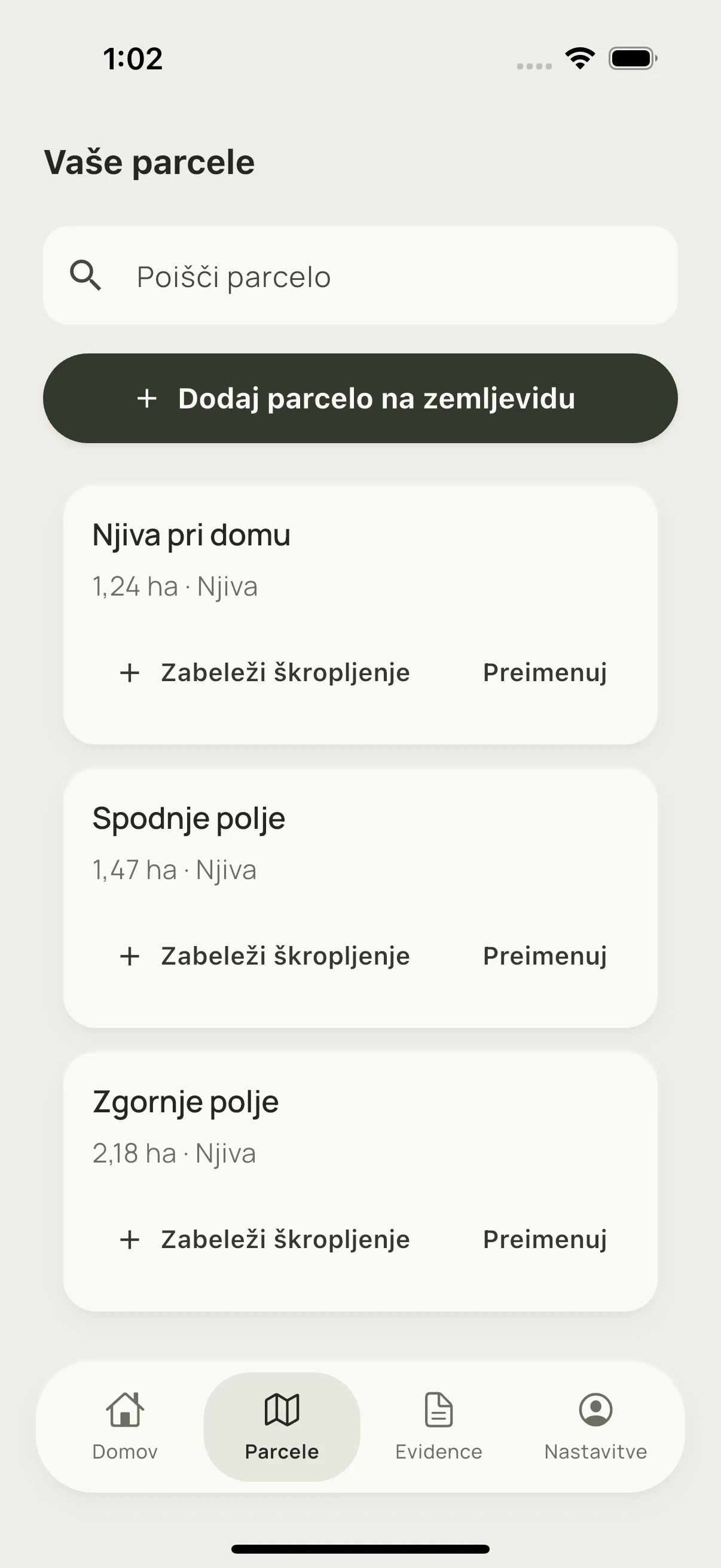 Shranjene parcele z domačimi imeni in površinami. Prikaz z vzorčnimi evidencami.