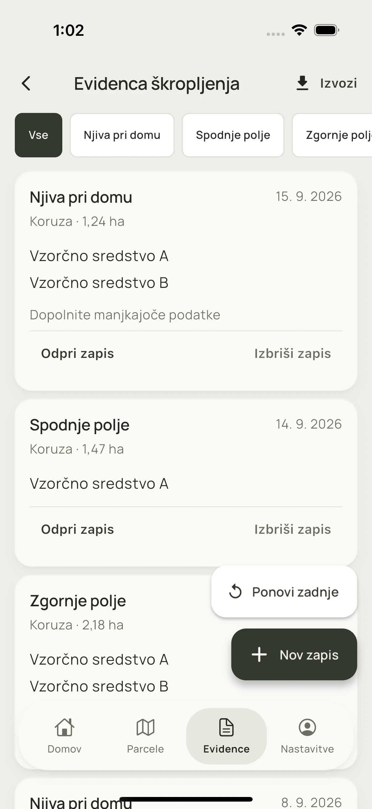 Zgodovina škropljenj po parcelah z možnostjo urejanja in izvoza. Prikaz z vzorčnimi evidencami.