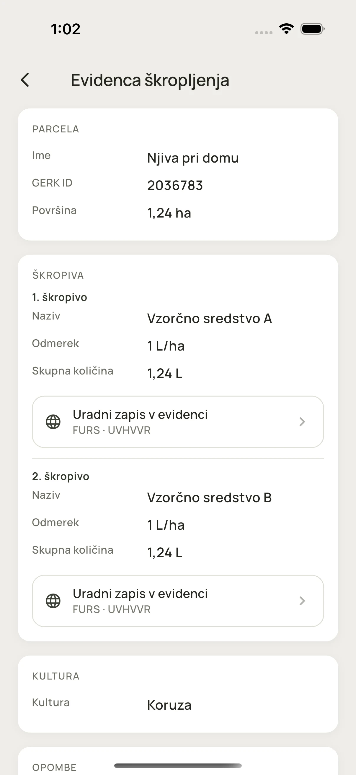 Podrobnosti škropljenja z dvema sredstvoma v istem zapisu. Prikaz z vzorčnimi evidencami.
