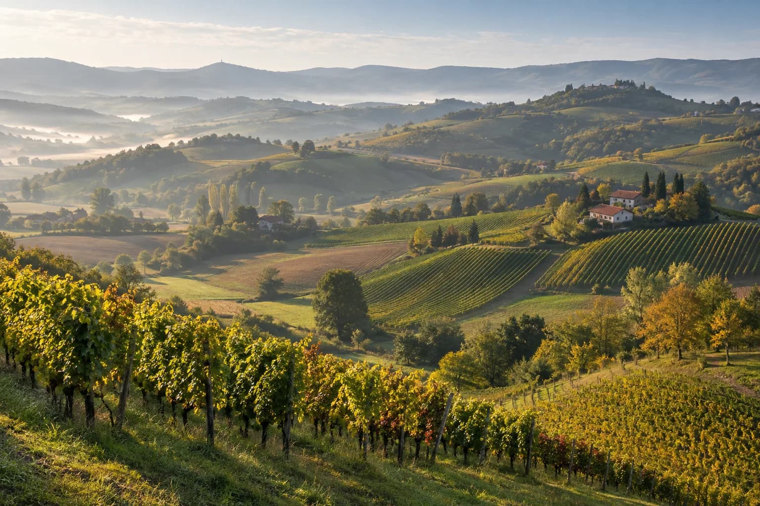 Polja in vinogradi v mehki jutranji svetlobi